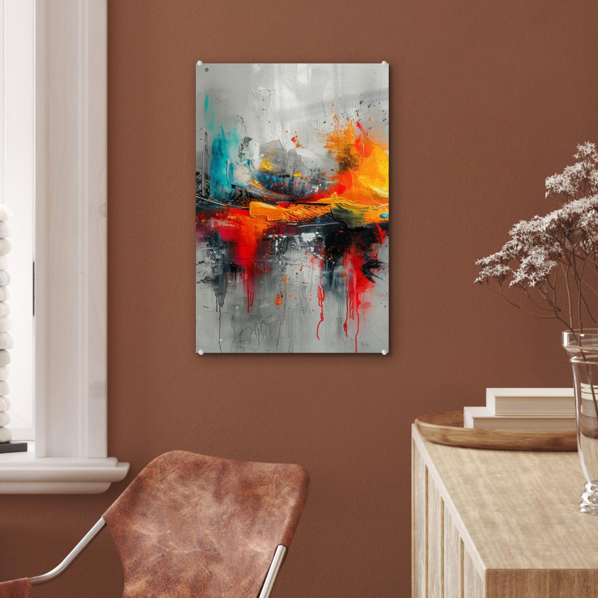 ACRYLGLASBILD Moderne Kunst - Orange - Grau - Abstrakt Wanddeko Wohnzimmer 40x60 cm - Hellgrau, Glas (40/60cm) - MuchoWow