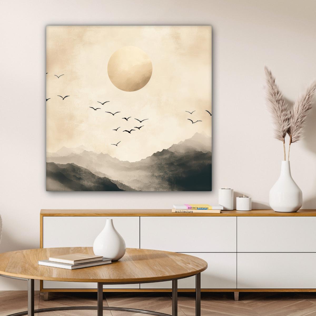 LEINWANDBILD Landschaft - Japandi - Vogel Deko Groß 90x90 cm - Beige, Textil (90/90cm) - MuchoWow