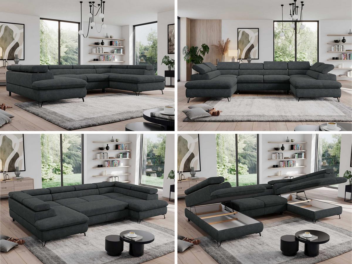 WOHNLANDSCHAFT PEDRO U Struktur Dunkelgrau - Dunkelgrau/Schwarz, Textil/Metall (346/76/208cm) - MKS
