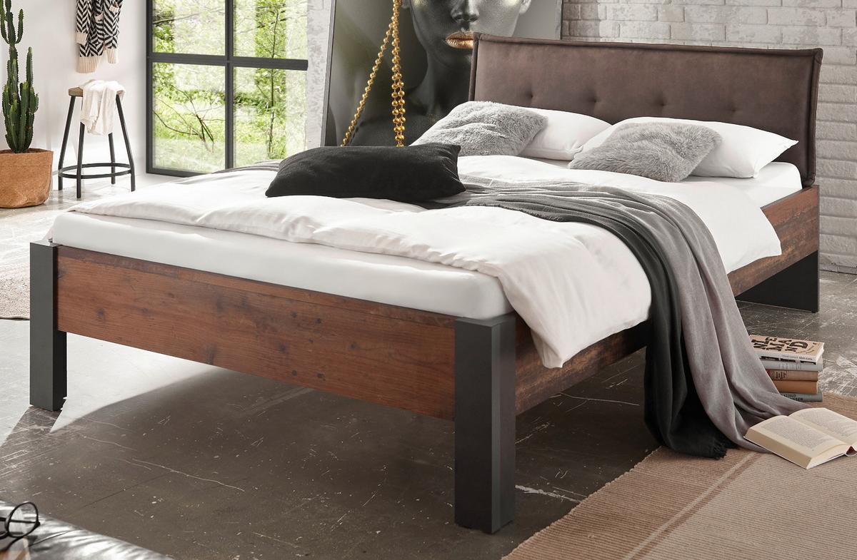 BETT Old Used Wood Shabby Design mit grau, Kopfteil gepolstert, Einzelbett, Liegefläche 140 x 200 cm - Dunkelgrau/Braun, Holzwerkstoff (140/200cm) - Furn.Design