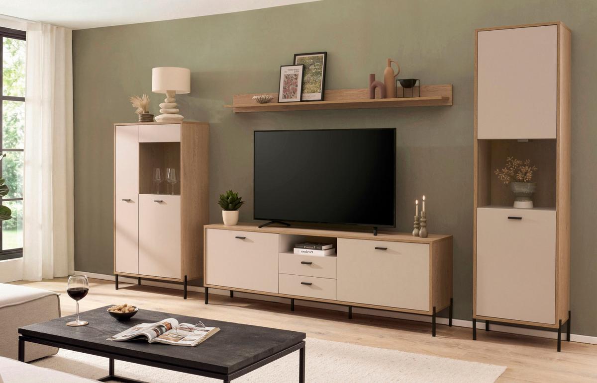 WOHNWAND Kaschmir, Eiche 349 cm, Schrankwand mit Soft-Close - Kaschmir/Eichefarben, Glas/Holzwerkstoff (349/150/35cm) - Furn.Design