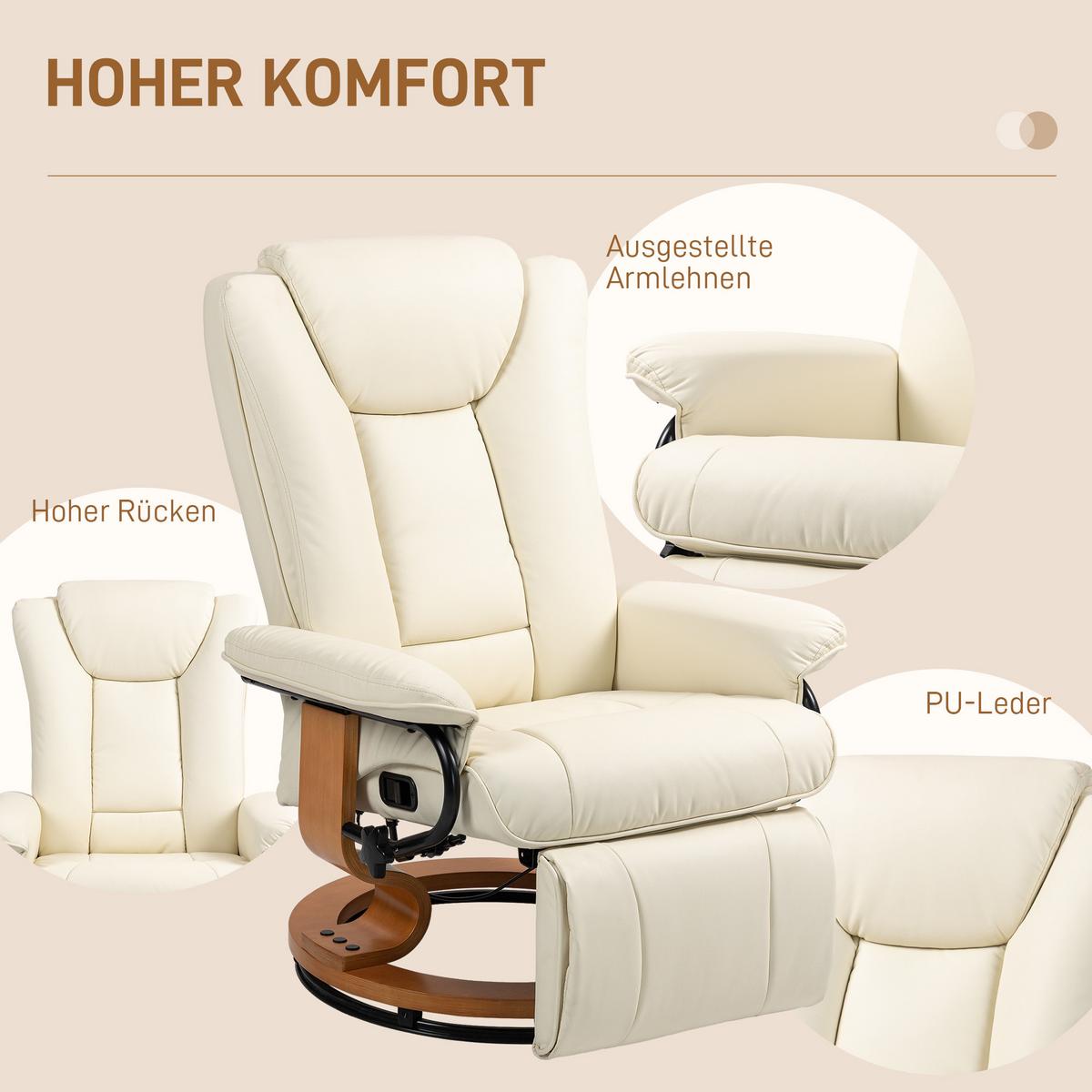 RELAXSESSEL Drehbar Fernsehsessel mit Liegefunktion, Fußstütze, Cremeweiß - Creme, Leder/Holzwerkstoff (88/103/78cm) - HOMCOM