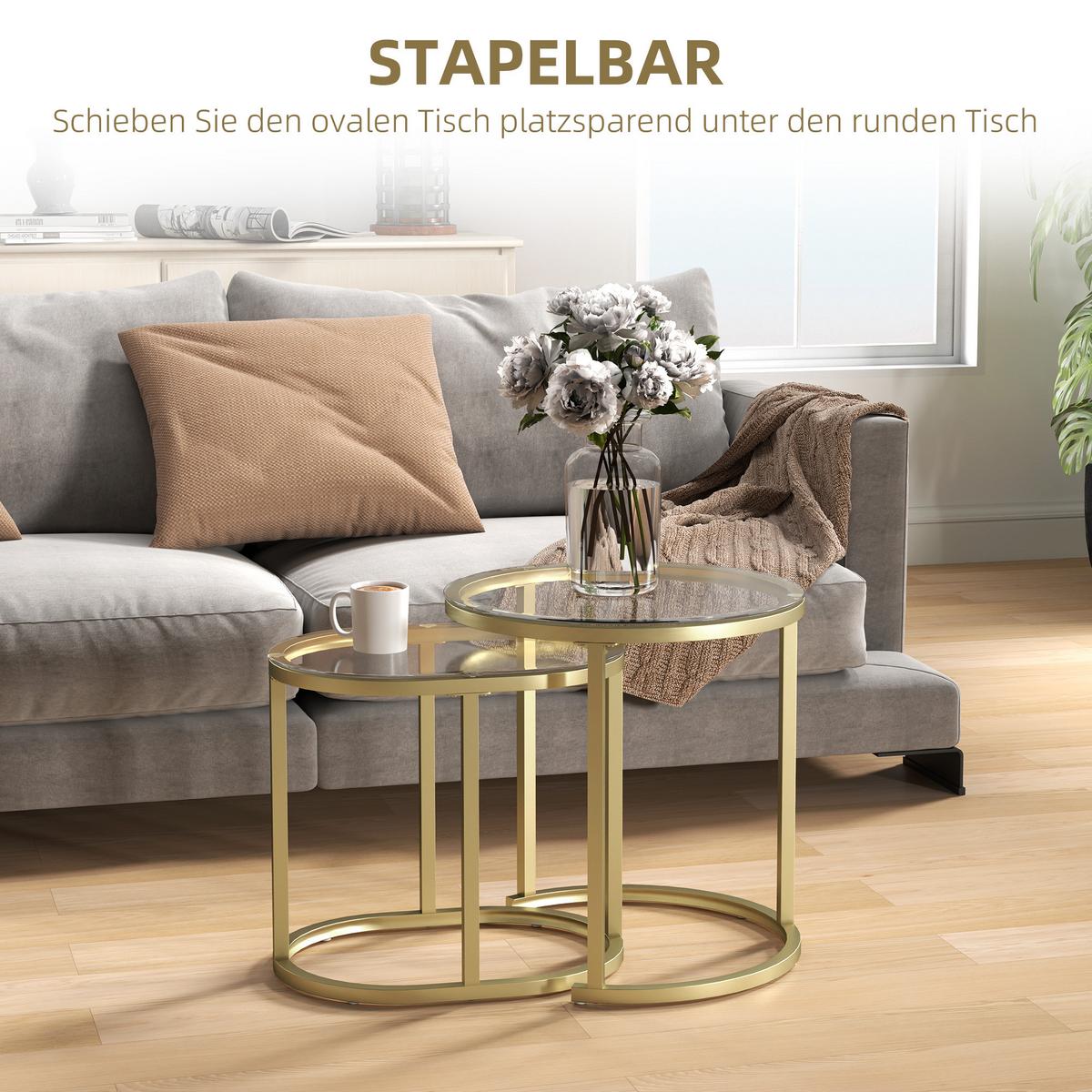 COUCHTISCH rund 2er Set Stapelbarer Beistelltisch mit Stahlrahmen für Wohnzimmer - Goldfarben, Metall (50/50/50.5cm) - HOMCOM