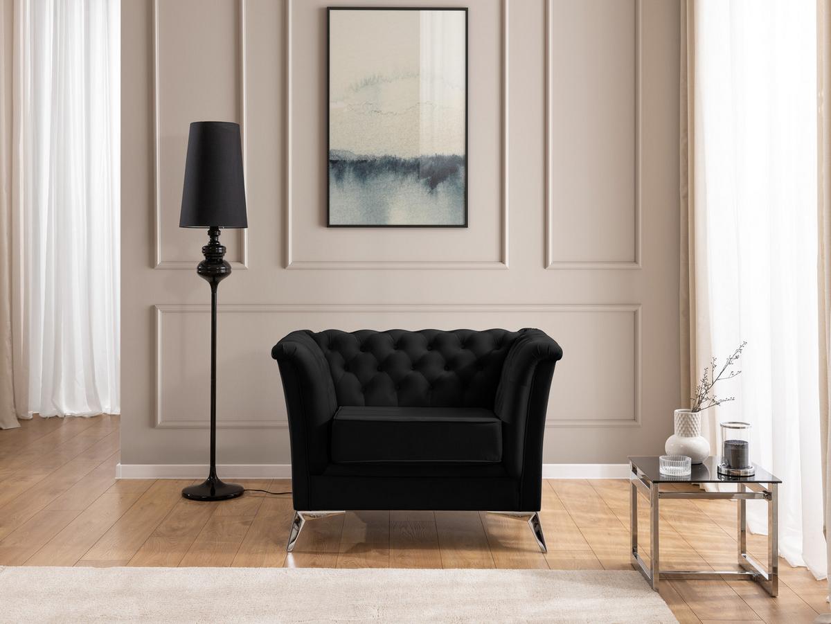 SITZGARNITUR 3+2+1 Chesterfield Whitby Schwarz Samt mit silbernen Füßen - Silberfarben/Schwarz, Holz/Textil (237/78/82cm) - S-Style Möbel