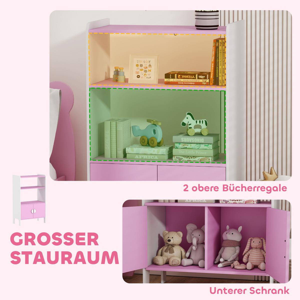 BÜCHERREGAL Kinderregal mit 2 Ablagen und 2 Schranktüren - Rosa/Weiß, Holzwerkstoff (35/100/60cm) - AIYAPLAY