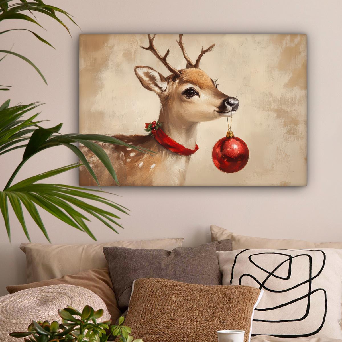 LEINWANDBILD Weihnachten - Hirsch - Geweih - Weihnachtskugel - Rentier Wanddeko 90x60 cm - Hellbraun, Textil (90/60cm) - MuchoWow