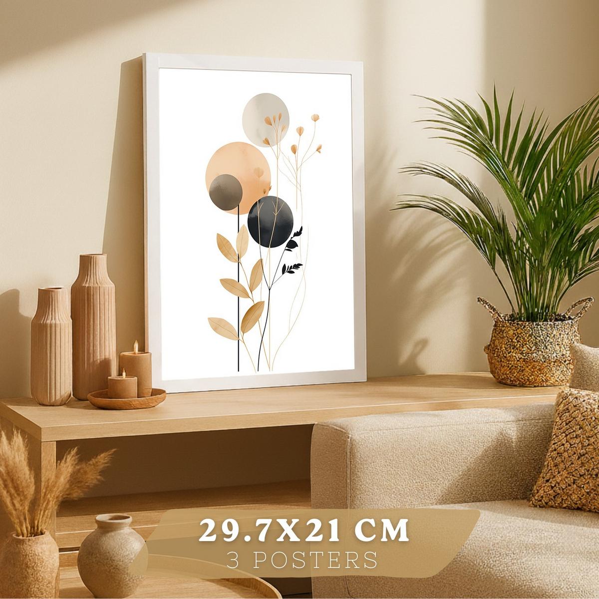 POSTER 3er-Set Wandbilder Geometrische Blumen modern Wohnzimmer Deko, Schlafzimmer, Küche, Badezimmer Weißer Rahmen A4 - Weiß, Papier (29.7/1/21cm) - Nacnic