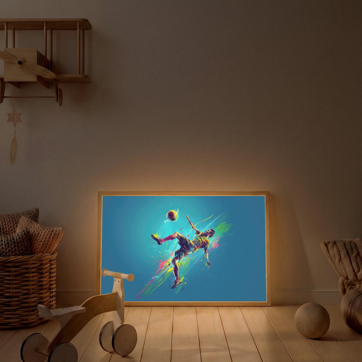 WANDLEUCHTE MIT AKKU Fußballer - Farbspritzer - Farbenfroh - Ball 100x70 cm - Blau, Holzwerkstoff (100/70/8cm) - OnlyWow