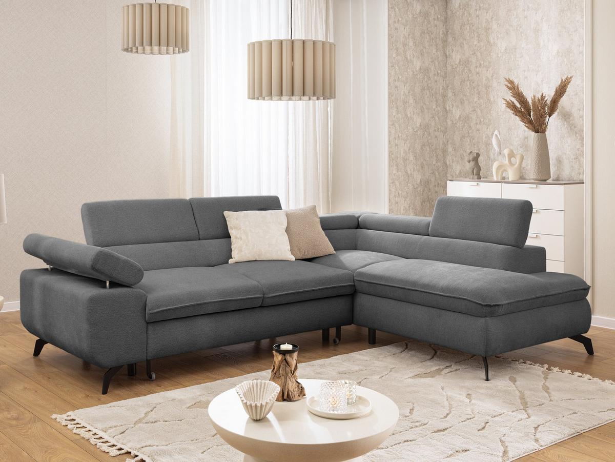 ECKSOFA mit Schlaffunktion und Bettkasten Bonnie aus Grau Chenille-Stoff mit verstellbaren Kopfstützen und Armlehne - Ottomane rechts - Schwarz/Grau, Holz/Textil (275/210cm) - S-Style Möbel