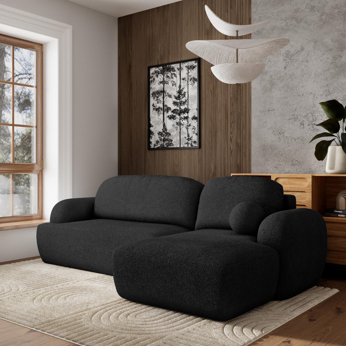 ECKSOFA MODENZA N R-S Schwarz Boucle-Stoff mit Schlaffunktion - Schwarz, Holz/Kunststoff (266/148cm) - MASSENO