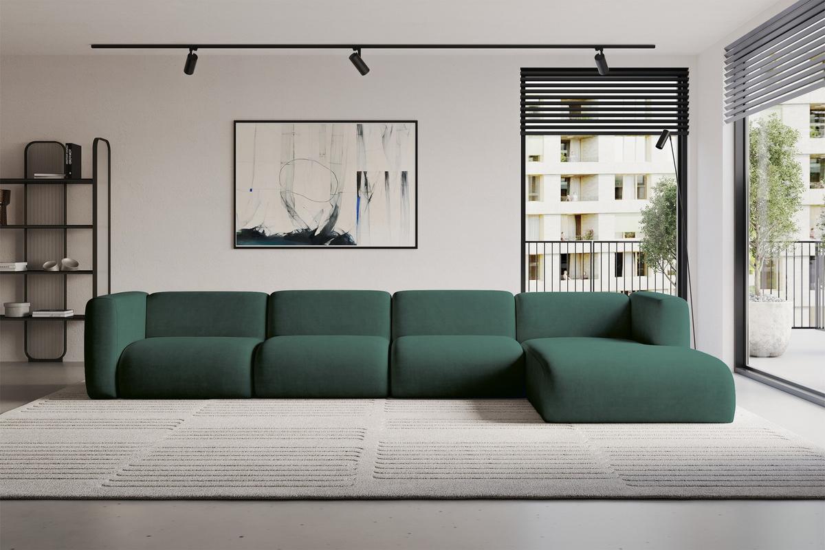 ECKSOFA Ottomane Rechts MIRA-L3 409x179x70 Grün Velours - Dunkelgrün/Schwarz, Holzwerkstoff/Kunststoff (409/179cm) - ALTDECOR