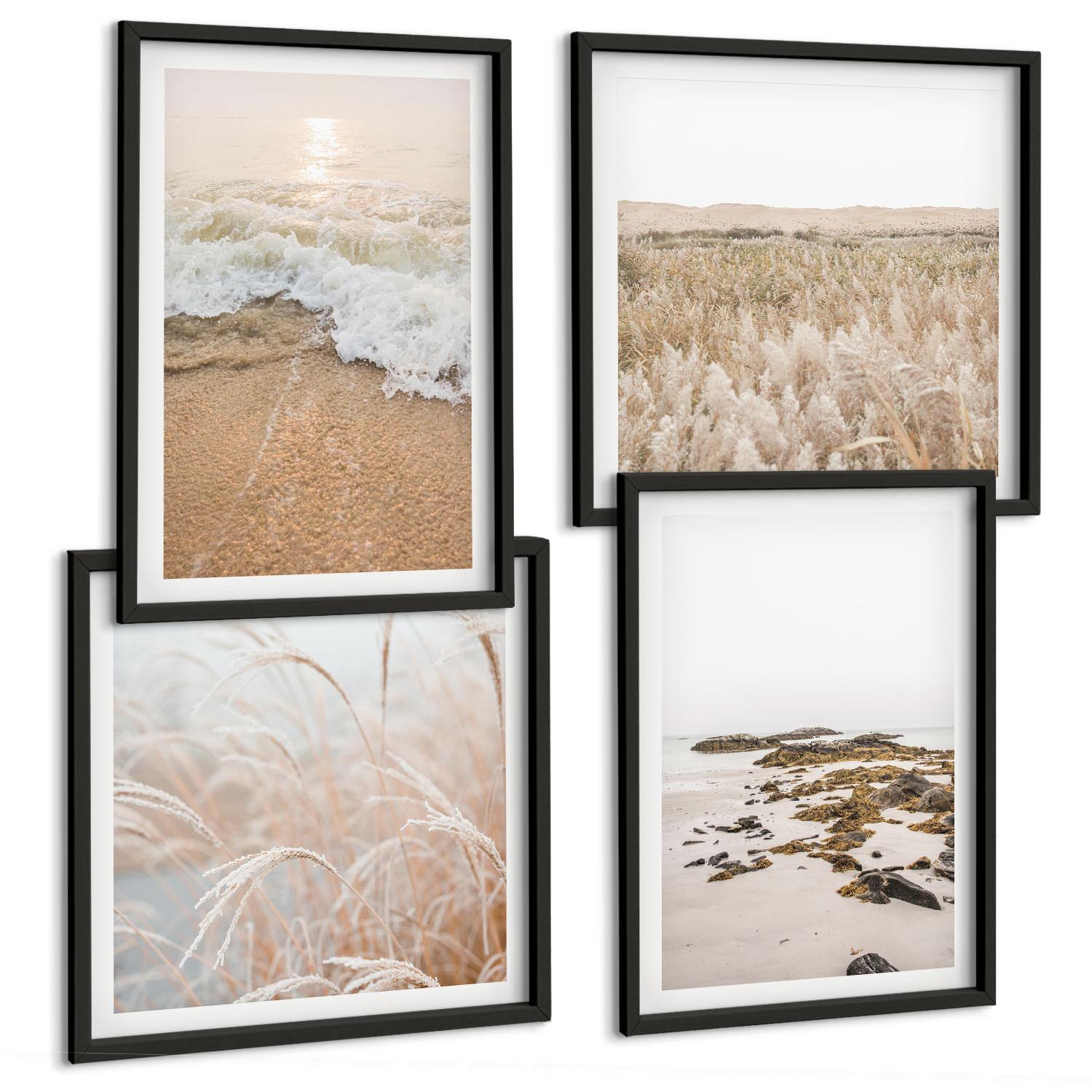 BILDER SET 4er Set - 50x50 cm & 40x60 cm Schwarzer Rahmen - Strandwellen, Steine, Sommer - Schwarz, Kunststoff (50/50cm) - TULUP