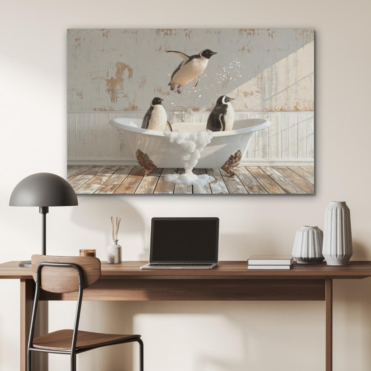 AKUSTIKBILD Vintage - Pinguin - Badewanne - Schaumstoff Wandbild Wohnzimmer 100x70 cm - Schwarz, Kunststoff (100/70/0.9cm) - MuchoWow
