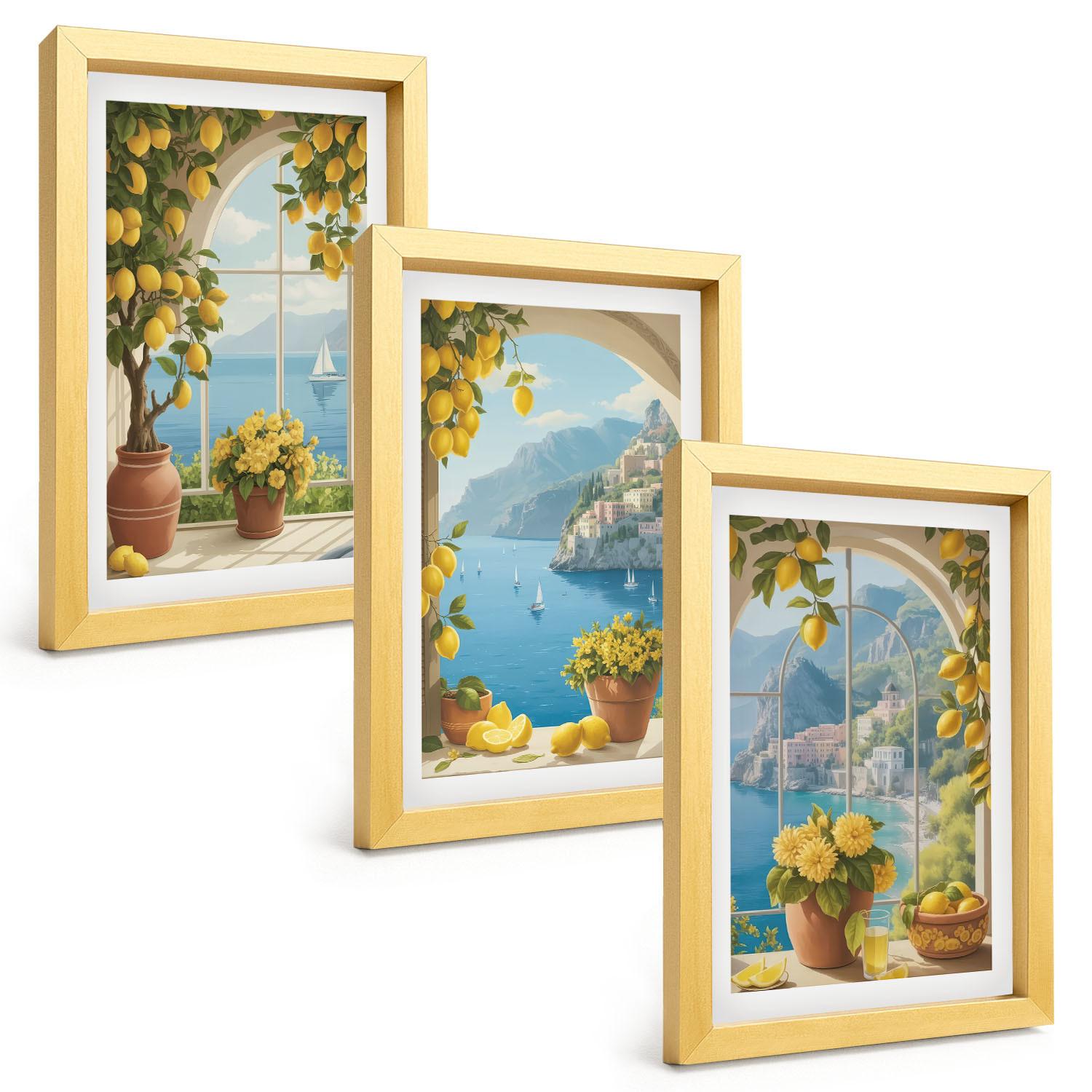 BILDER SET 3er Set - 20x30 cm Goldrahmen - Meereslandschaften, Zitronen, Fenster - Goldfarben, Kunststoff (20/30cm) - TULUP