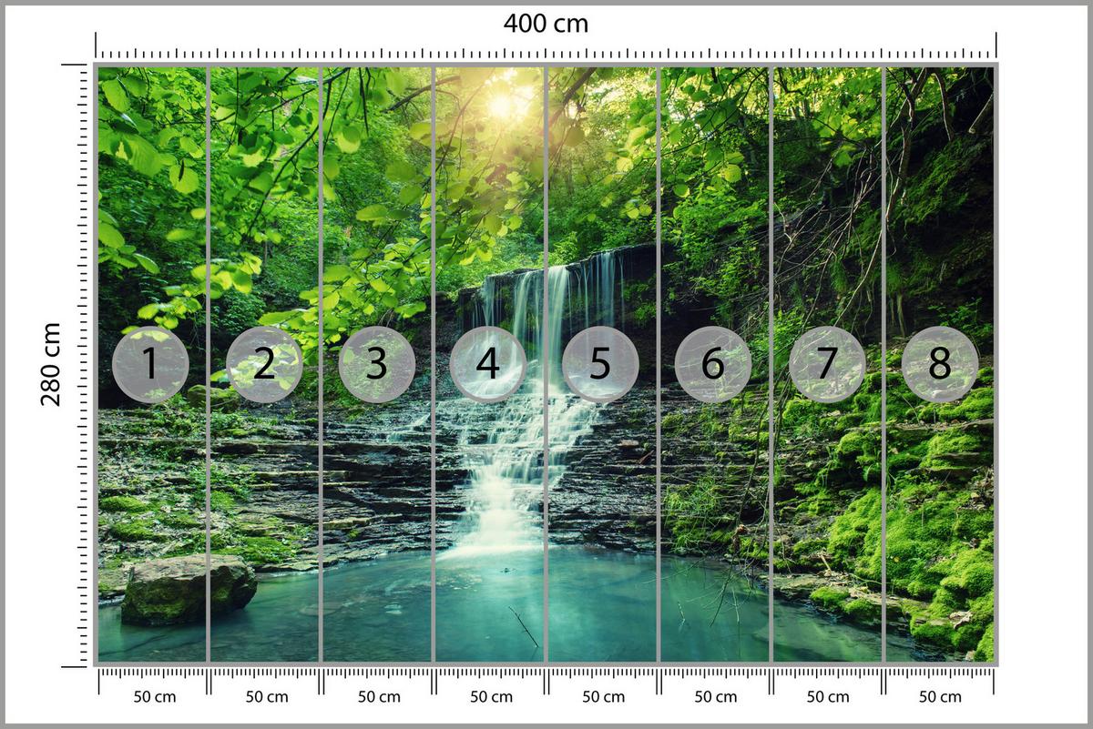 FOTOTAPETE für Schlafzimmer Türkisfarbener Wasserfall Wald Bäume Blätter Felsen 400x280 - Türkis/Blau, Papier (400/280cm) - Muralo