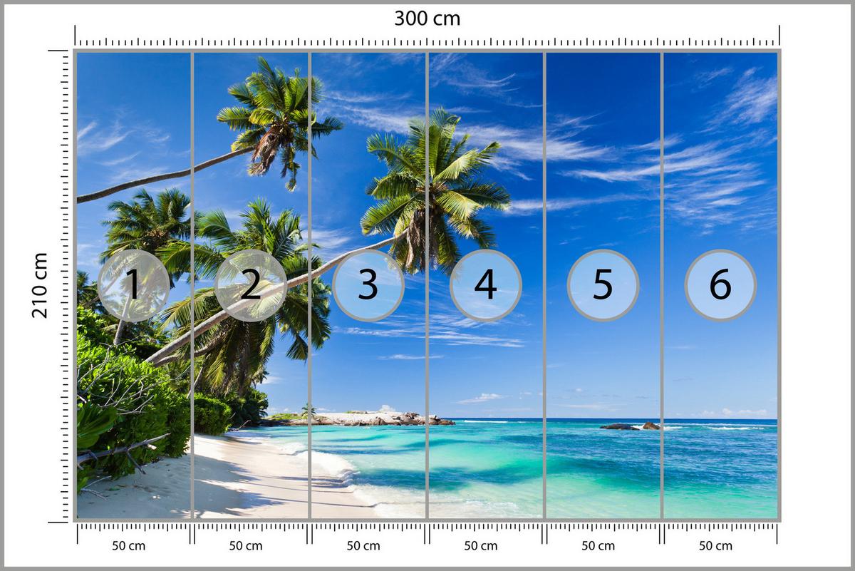 FOTOTAPETE Strand Ozean Palmen Landschaft 3D 300x210 - Türkis/Blau, Papier (300/210cm) - Muralo