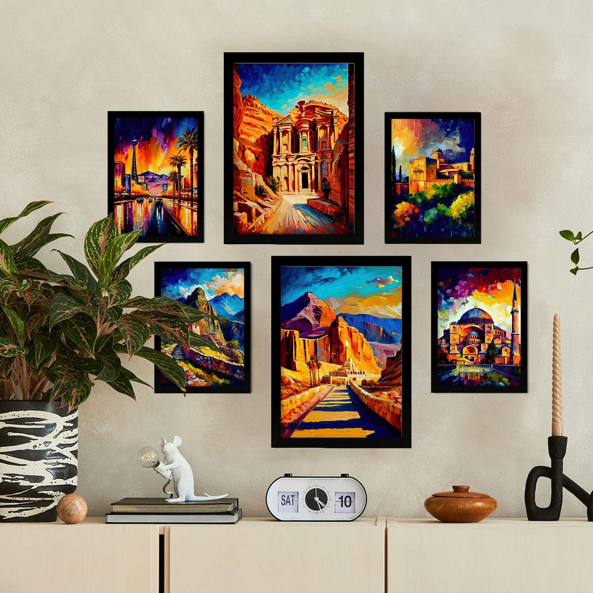 POSTER Set Mit 6 Erde Im Ölgemälde Stil A3 & A4 Schwarzer Rahmen - Schwarz, Papier (29/3cm) - Nacnic