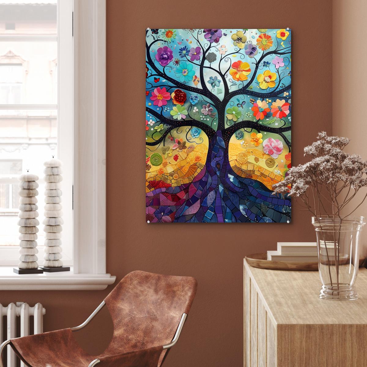 ACRYLGLASBILD Kunst - Baum des Lebens - Blumen - Hippie 60x80 cm - Dunkelblau, Glas (60/80cm) - MuchoWow