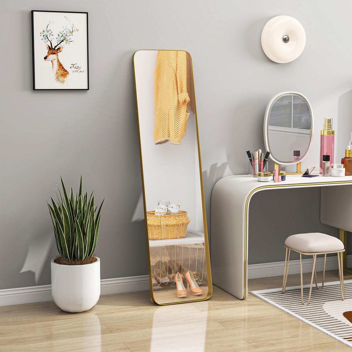 GANZKÖRPERSPIEGEL 160 x 40 cm Gewölbter Standspiegel mit Bruchsichere Glas - Goldfarben, Metall (6/160/40cm) - HOMCOM