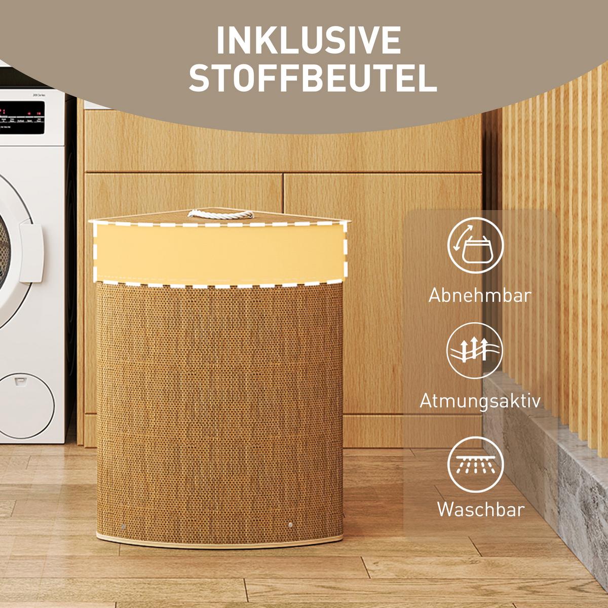 BAMBUS Wäschekorb mit Deckel 55 L Eck Wäschesammler mit herausnehmbar Wäschesack - Braun, Naturmaterialien (35/60/35cm) - HOMCOM