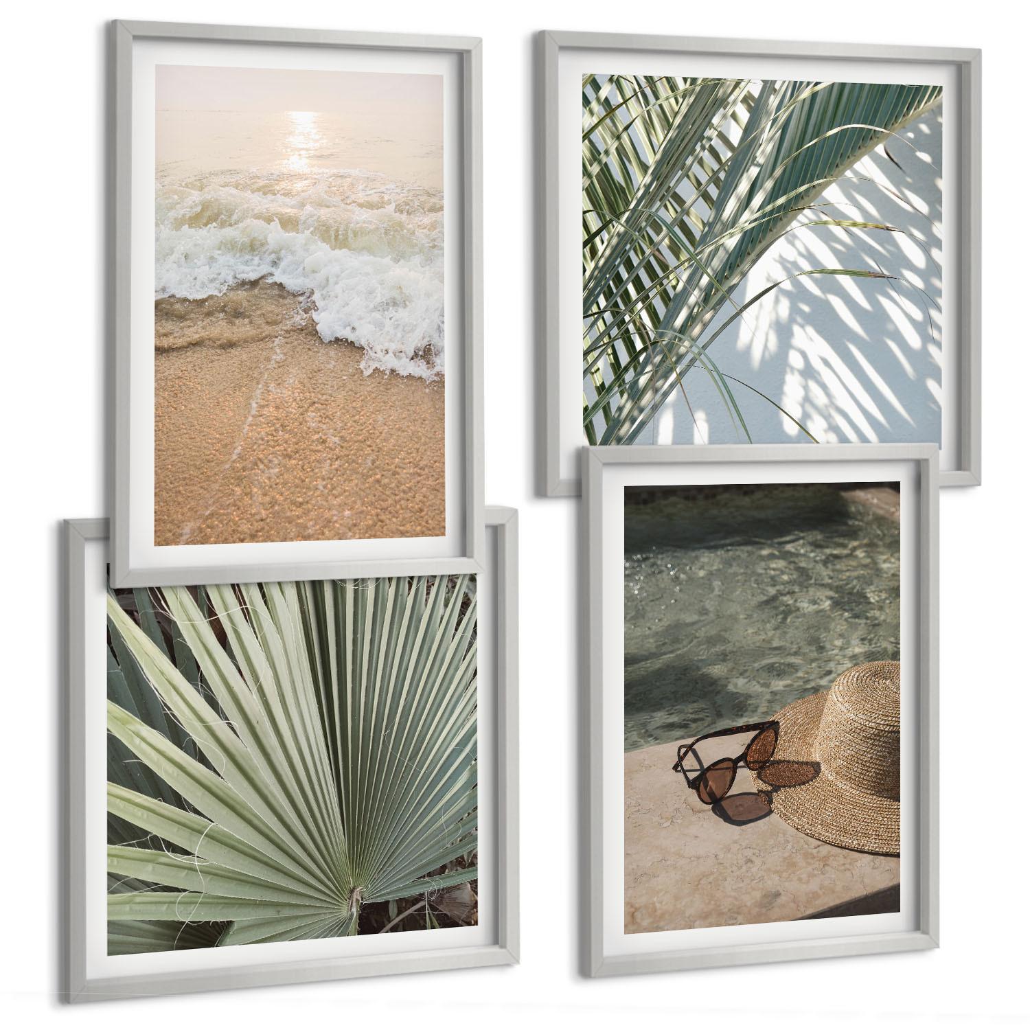 BILDER SET 4er Set - 50x50 cm & 40x60 cm Silberner Rahmen - Strandhut und Sonnenbrille - Silberfarben, Kunststoff (50/50cm) - TULUP