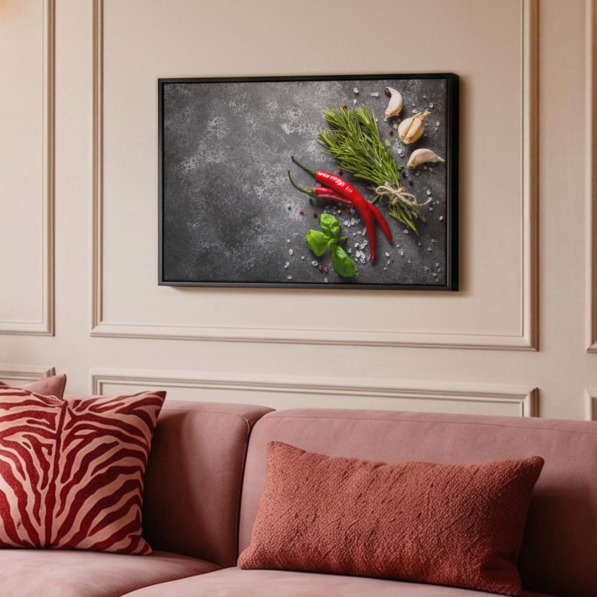 LEINWAND Bilder mit Rahmen - Pfeffer - Kräuter - Gewürze - Beton - 60x40 - Dunkelgrau, Textil (60/40cm) - MuchoWow
