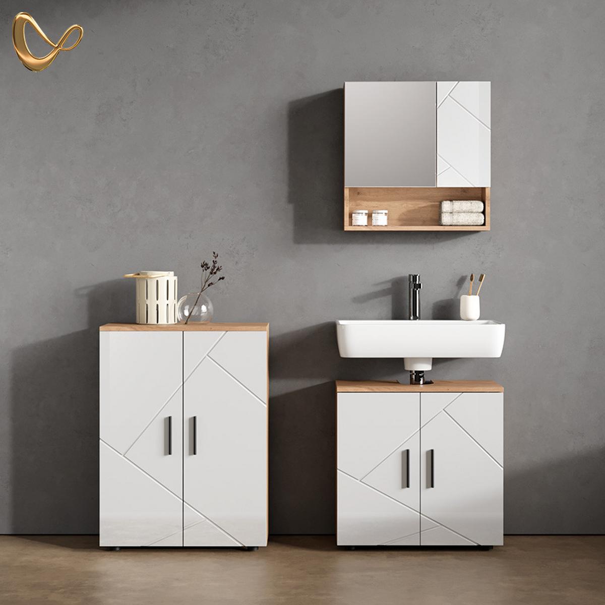 BADMÖBEL-SET Ronco Weiß Hochglanz/Goldkraft Eiche 3 Teile, mit Unterschrank 60 cm - Honigeiche/Weiß Hochglanz, Holzwerkstoff (60/59/30cm) - Livinity®