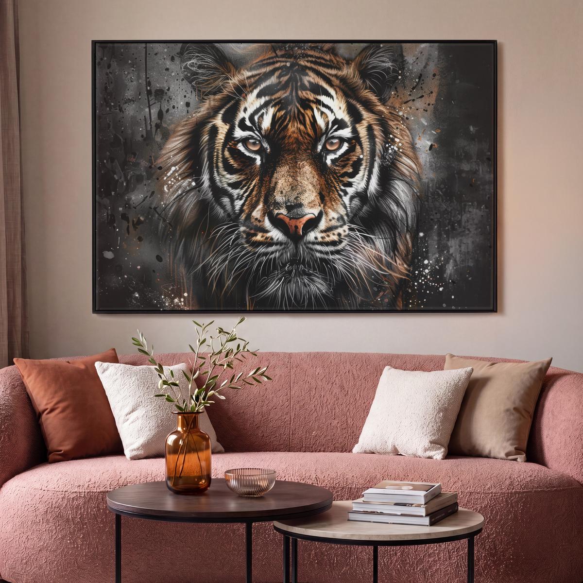LEINWAND Bilder mit Rahmen - Tiger - Tiere - Porträt - Luxus - Schwarz - 120x80 - Braun, Textil (120/80cm) - MuchoWow