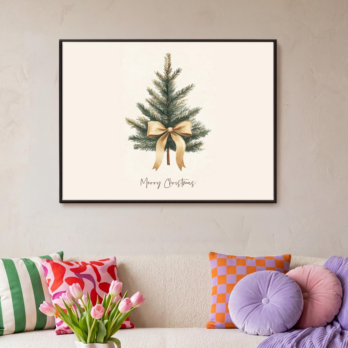 LEINWAND Bilder mit Rahmen - Weihnachtsbaum - Weihnachten - Frohe Weihnachten - Beige - 100x70 - Sandfarben, Textil (100/70cm) - MuchoWow