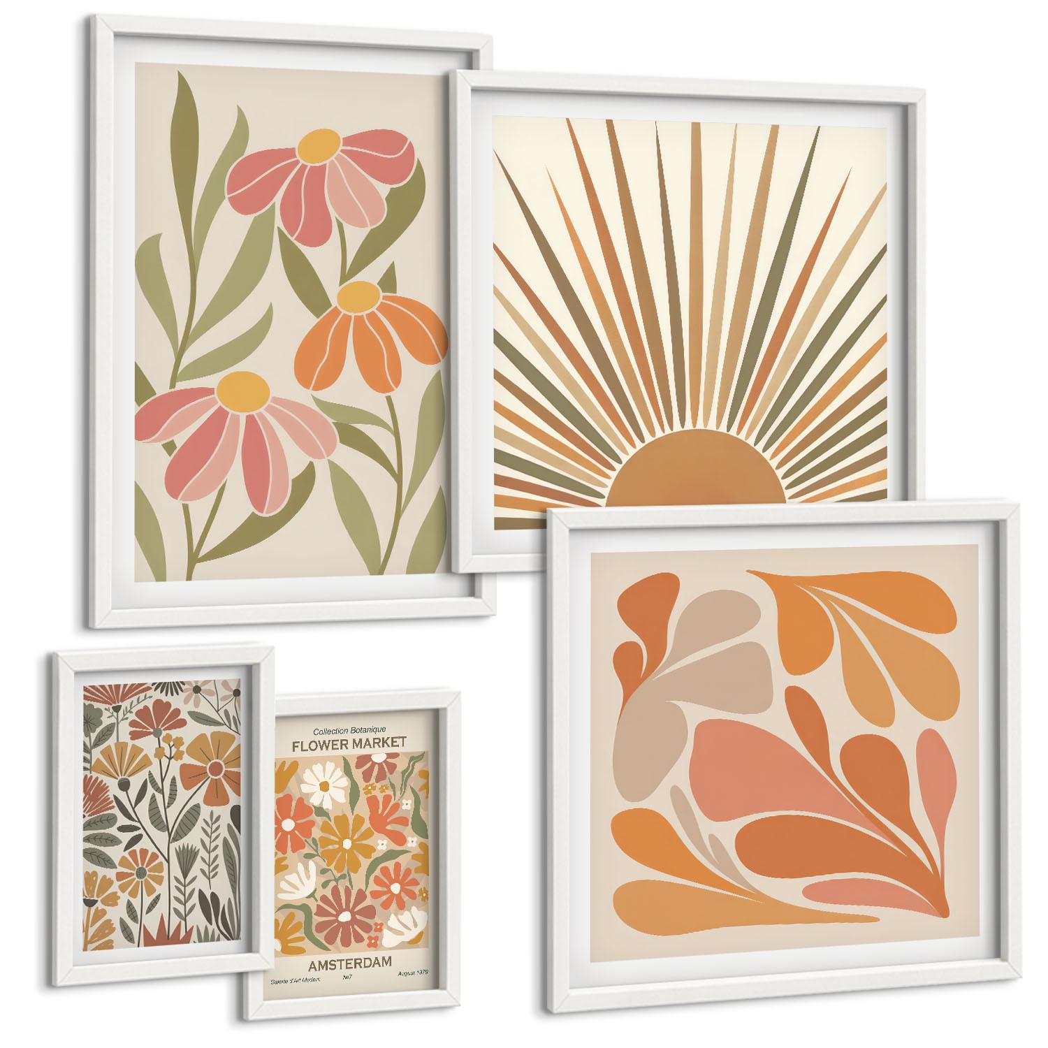 BILDER SET 5er Set - 50x50 cm & 20x30 cm & 40x60 cm Weißer Rahmen - Pastellfarbene Sonnenblumen - Weiß, Kunststoff (40/60cm) - TULUP