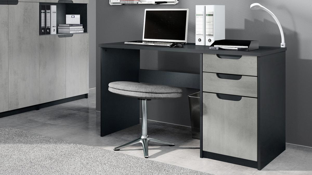 BÜROMÖBELSET Paris Beton Oxid Optik - Hellgrau, Holzwerkstoff (60/180/76cm) - Vladon