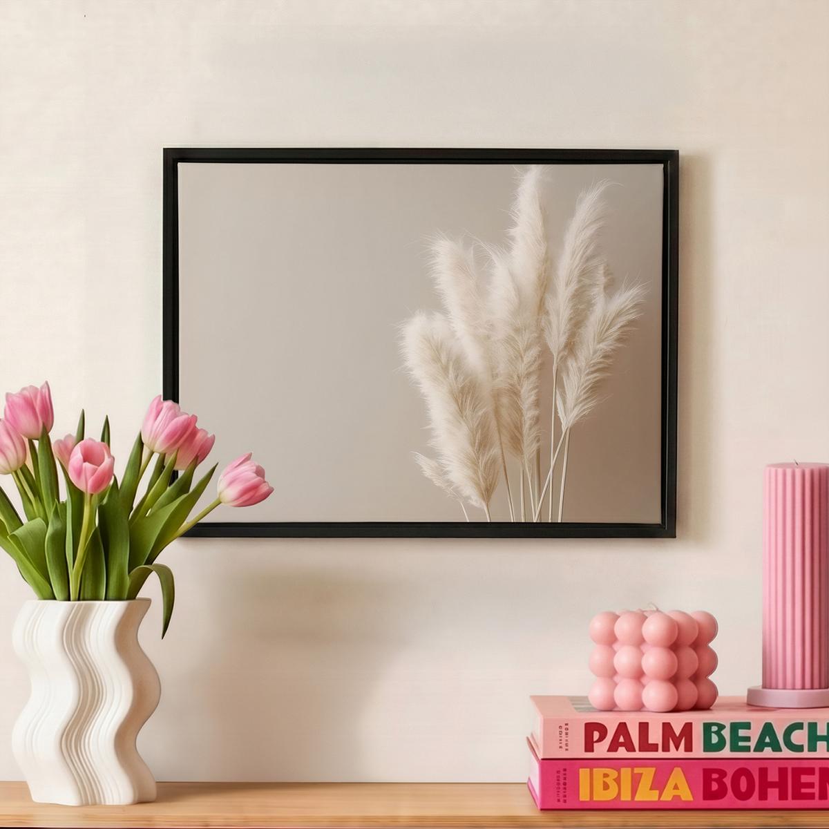 LEINWAND Bilder mit Rahmen - Pampasgras - Federn - Pastell - Weiß - 40x30 - Naturfarben, Textil (40/30cm) - MuchoWow