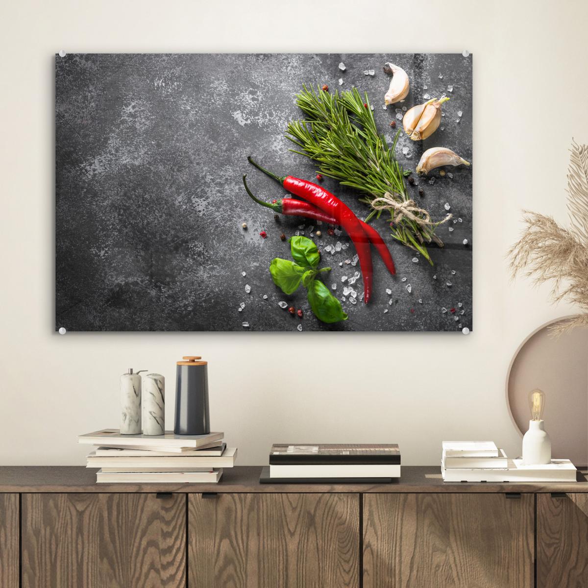 ACRYLGLASBILD Pfeffer - Kräuter - Gewürze - Beton Wanddeko 60x40 cm - Dunkelgrau, Glas (60/40cm) - MuchoWow