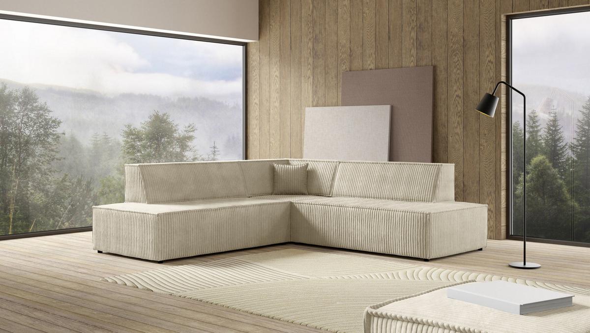 ECKSOFA TESSO II L-S Creme Kordstoff mit Schlaffunktion - Creme, Holz (254/254cm) - MASSENO