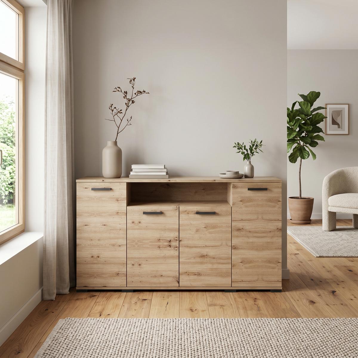 KOMMODE ALBANO 160/83/40cm mit 4 Schubladen Türen Eiche Artisan - Eiche Artisan, Holzwerkstoff (160/83/40cm) - MASSENO