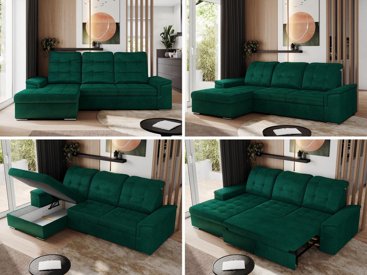 ECKSOFA MADRITO L - DunkelGrün Velorus - Links - Dunkelgrün/Silberfarben, Textil/Metall (160/256cm)