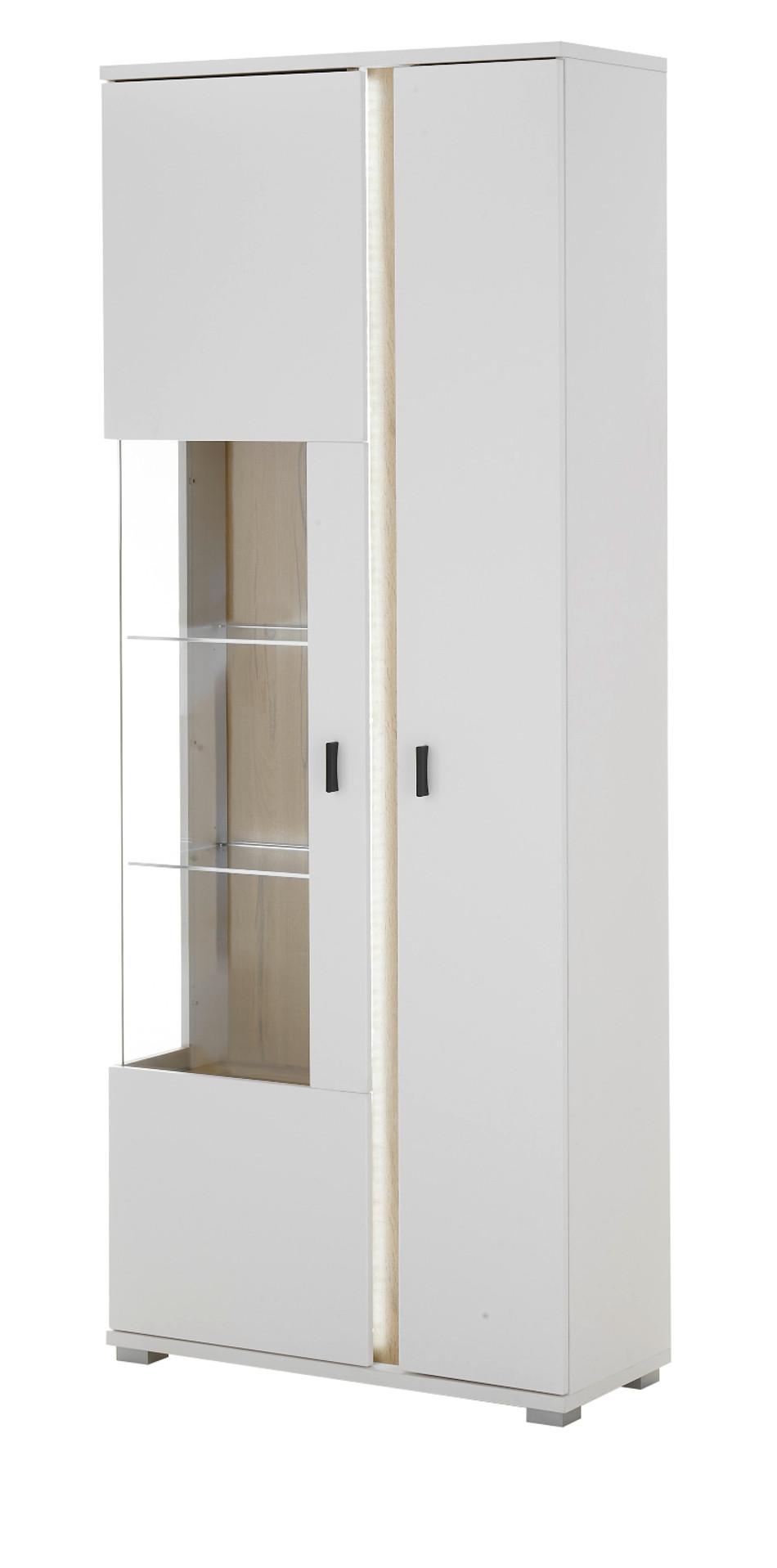 VITRINE weiß matt, Eiche Wotan 80 x 200 cm, Vitrinenschrank inklusive Frontbeleuchtung - Eiche Wotan/Silberfarben, Glas/Holzwerkstoff (80/200/35cm) - Furn.Design