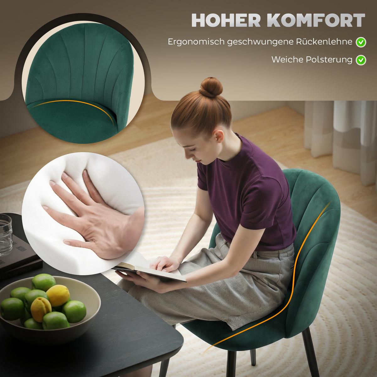 ESSZIMMERSTÜHLE 2ER-SET Dunkelgrün - Dunkelgrün/Schwarz, Textil/Metall (52/79/54cm) - HOMCOM