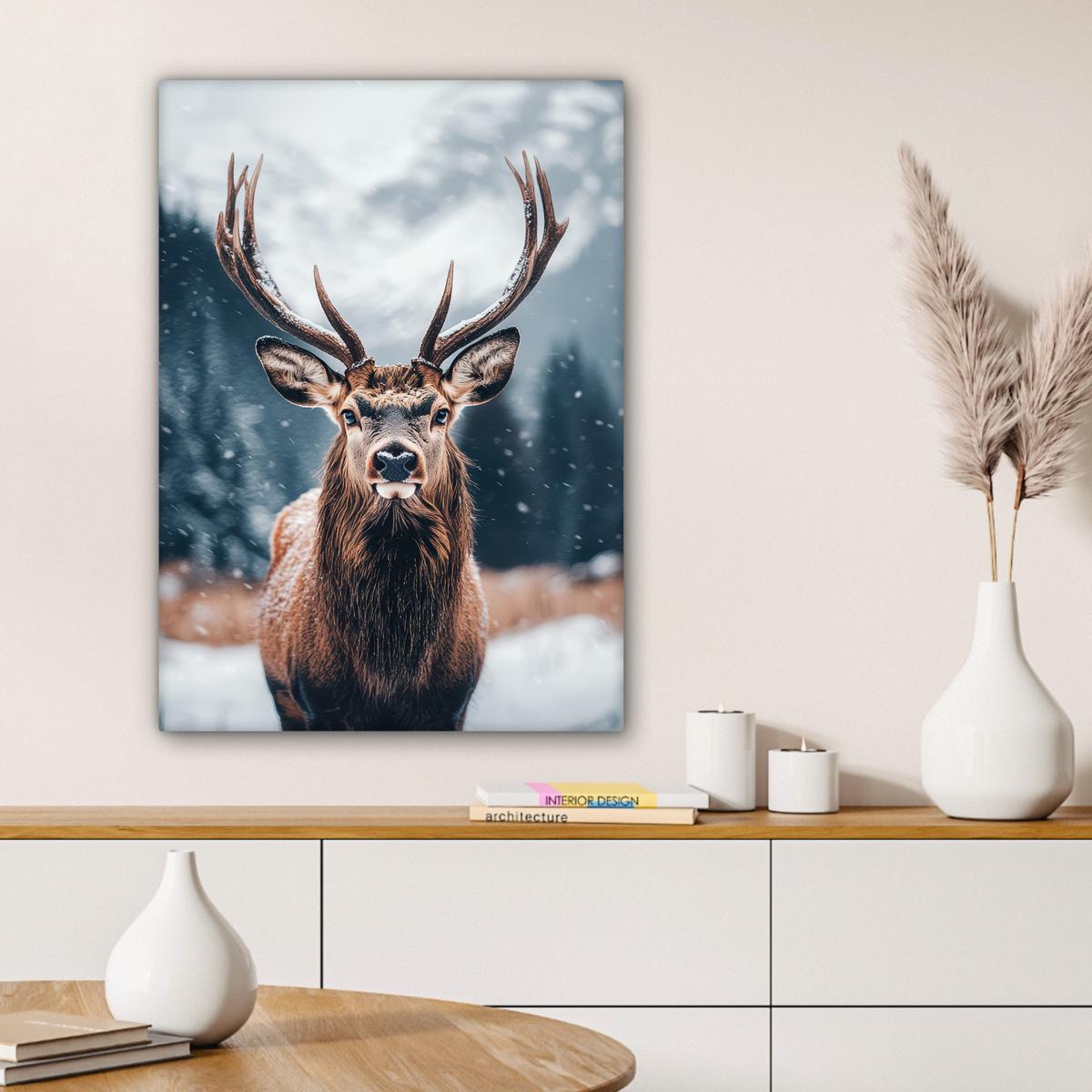 LEINWANDBILD Hirsche - Tiere - Landschaft - Winter - Schnee Wandbild Wohnzimmer 60x80 cm - Kastanienfarben, Textil (60/80cm) - MuchoWow