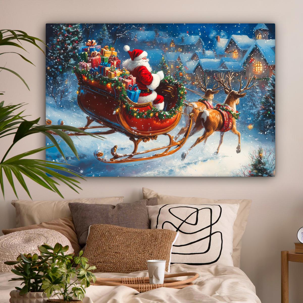 LEINWANDBILD Weihnachtsmann - Rentier - Weihnachten - Schnee XXL 150x100 cm - Cognac, Textil (150/100cm) - MuchoWow