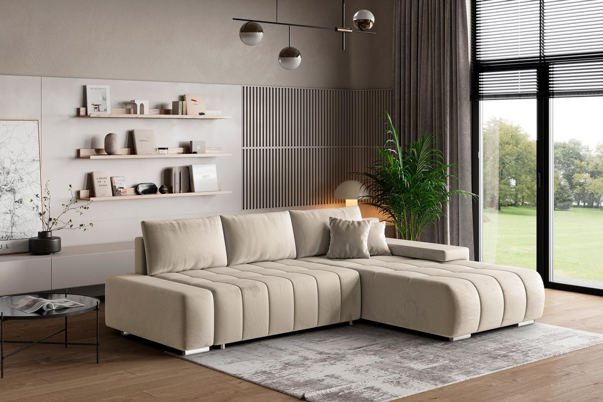 ECKSOFA ALESE R-S Creme Velours-Stoff mit Schlaffunktion - Silberfarben/Creme, Holz/Textil (265/185cm) - MASSENO