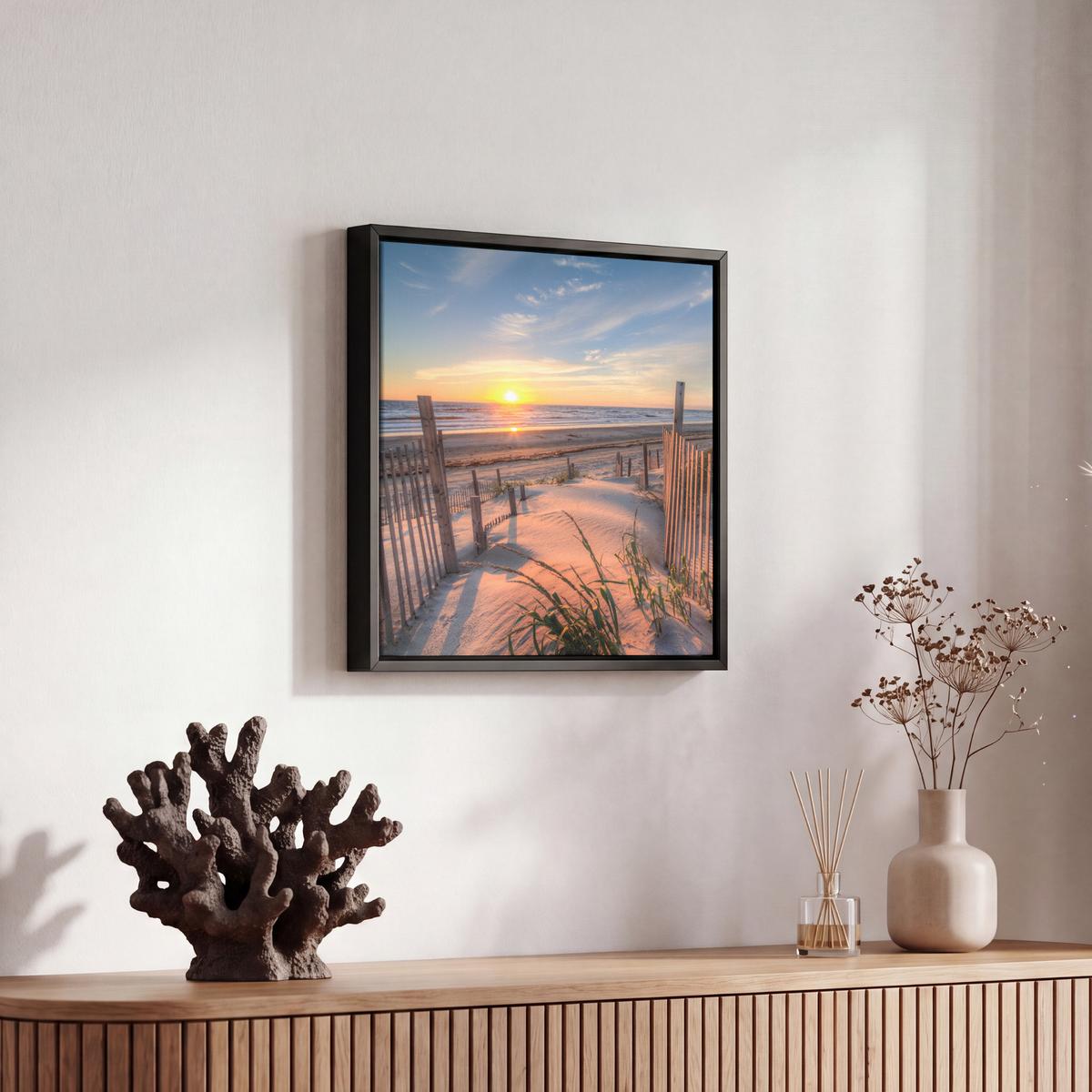LEINWAND Bilder mit Rahmen - Strand - Meer - Düne - Sonnenuntergang - Landschaft - 20x20 - Beige, Textil (20/20cm) - MuchoWow