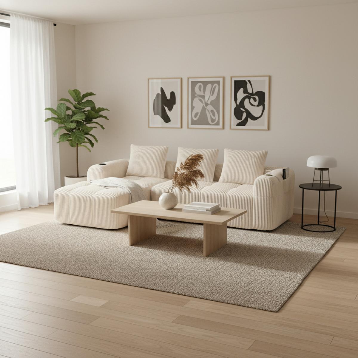 ECKSOFA 3-Sitzer mit Getränkehalter, Seitentaschen & 3 Kissen - Beige, Textil (253/158cm) - Urban Meuble