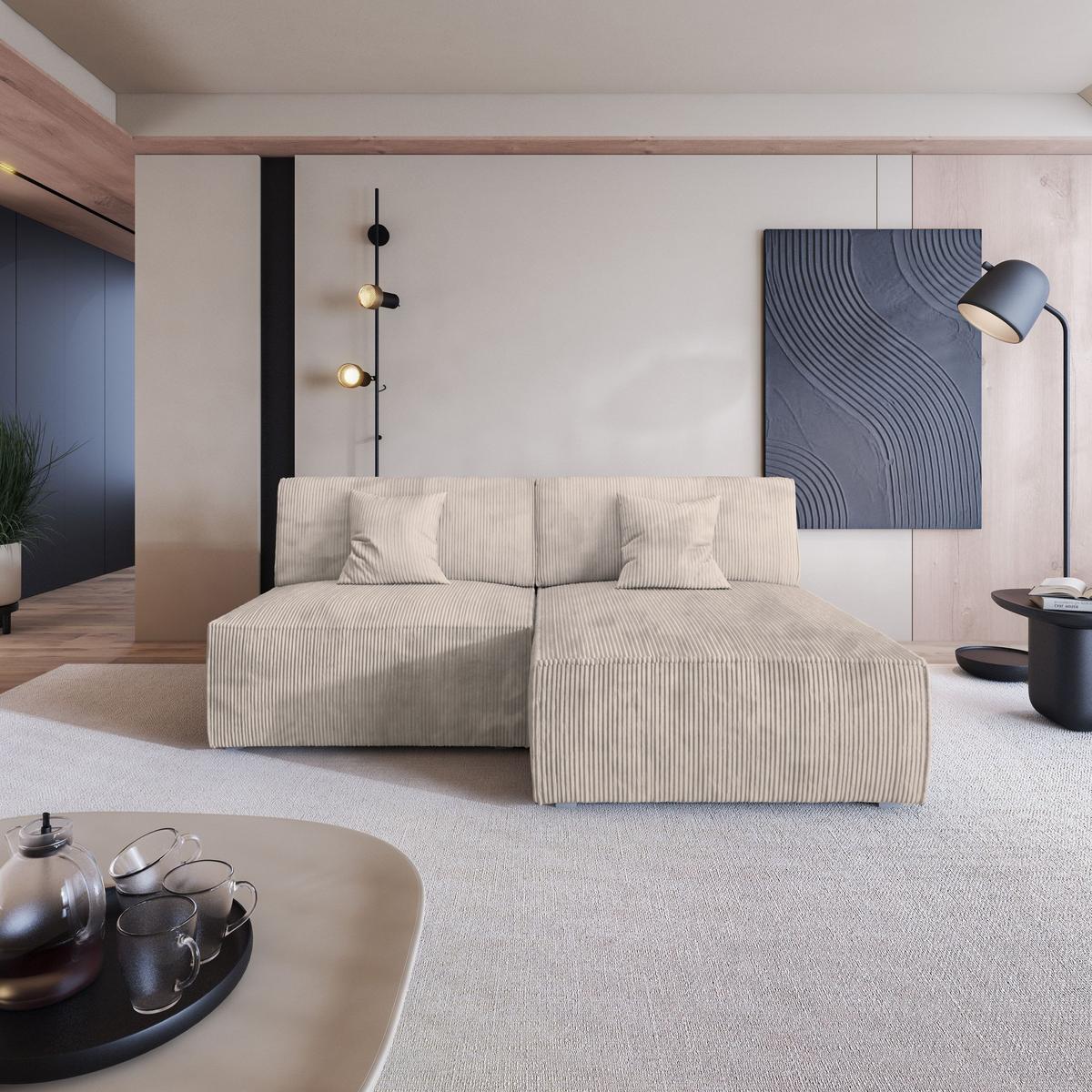 ECKSOFA FIORO P Creme Kordstoff mit Schlaffunktion - Creme/Grau, Holz/Kunststoff (204/148cm) - MASSENO