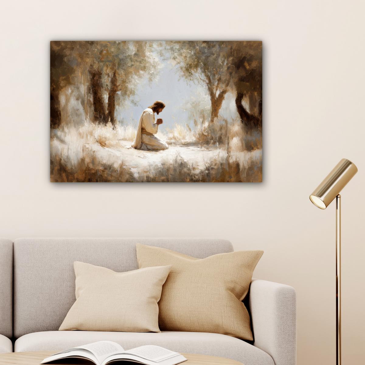 LEINWANDBILD Jesus - Kniend - Waldlandschaft - Betend Gemälde 60x40 cm - Beige/Hellblau, Textil (60/40cm) - MuchoWow