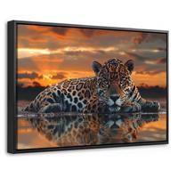 LEINWAND Bilder mit Rahmen - Natur - Leopard - Tier - Sonnenuntergang - Modern - 60x40 - Orange, Textil (60/40cm) - MuchoWow