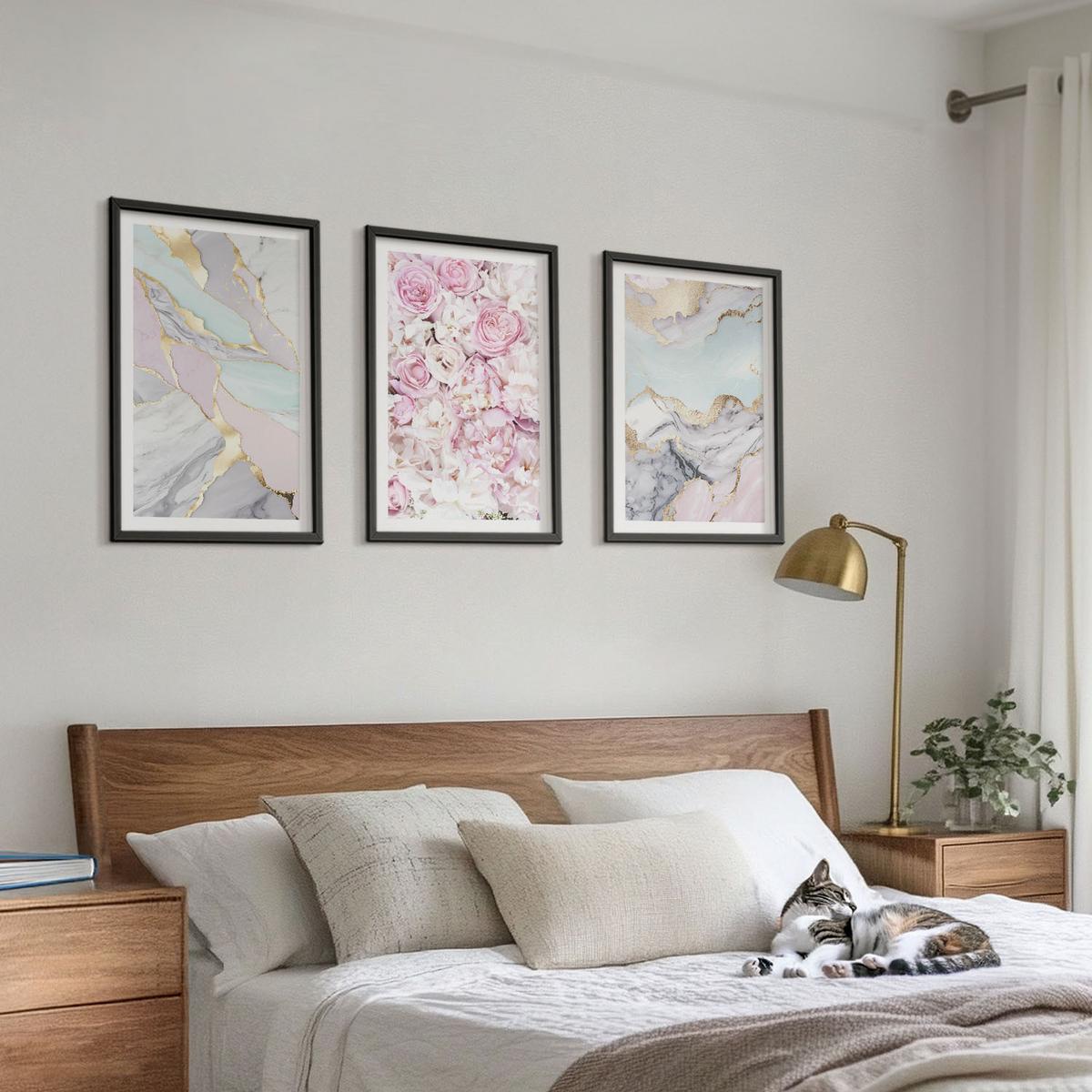 BILDER SET 3er Set - 40x60 cm Schwarzer Rahmen - Rosa Blumen Marmor Pastell - Schwarz, Kunststoff (40/60cm) - TULUP