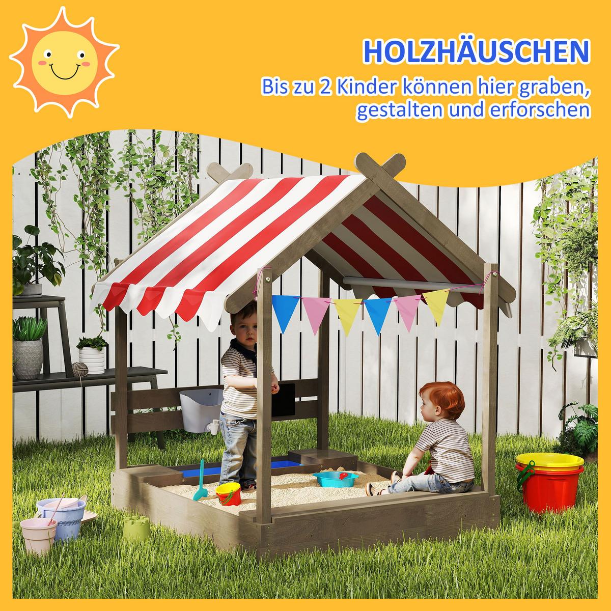 SANDKASTEN mit Dach, Sandkiste aus Holz mit Sitzplatz, Spielhaus für 3-7 Jahre - Grau, Holz (124/116/146cm) - Outsunny