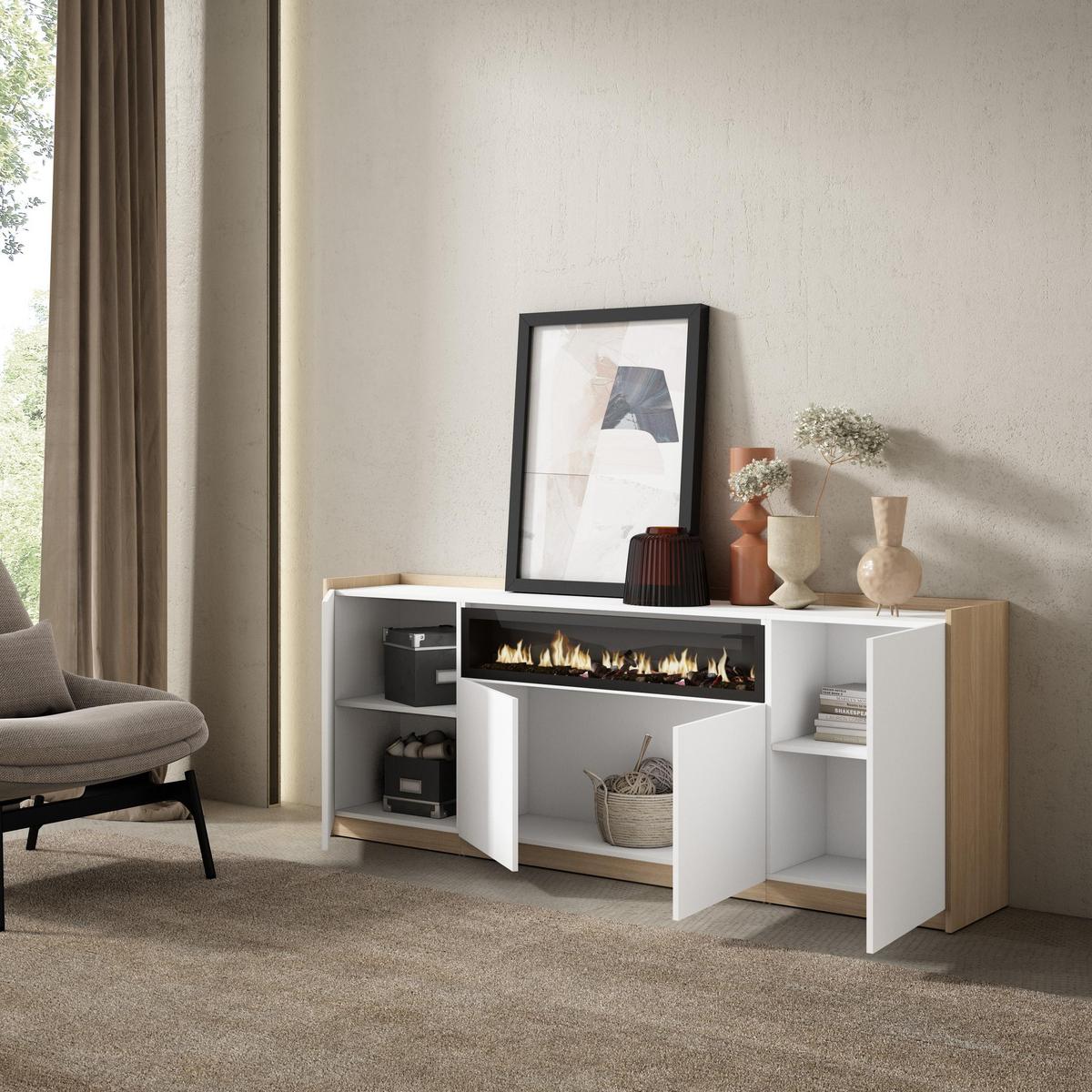 SIDEBOARD, Highboard, Weiß und Eiche Soft, Elektrokamin, 207/37/80cm - Weiß, Holzwerkstoff (207/80/37cm) - Skraut Home
