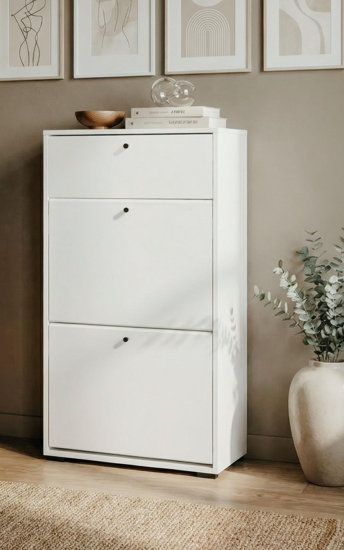 SCHUHKIPPER weiß 58 x 111 cm, Schuhkommode mit Klappen und Schubkasten - Schwarz/Weiß, Holzwerkstoff/Kunststoff (58/111/25cm) - Furn.Design